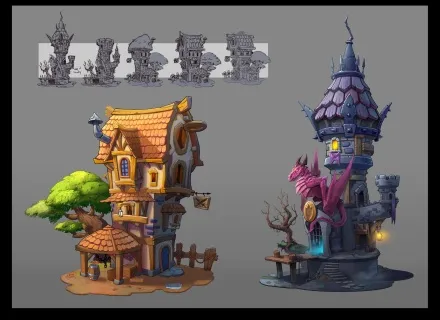 CG场景， 卡通建筑，木头